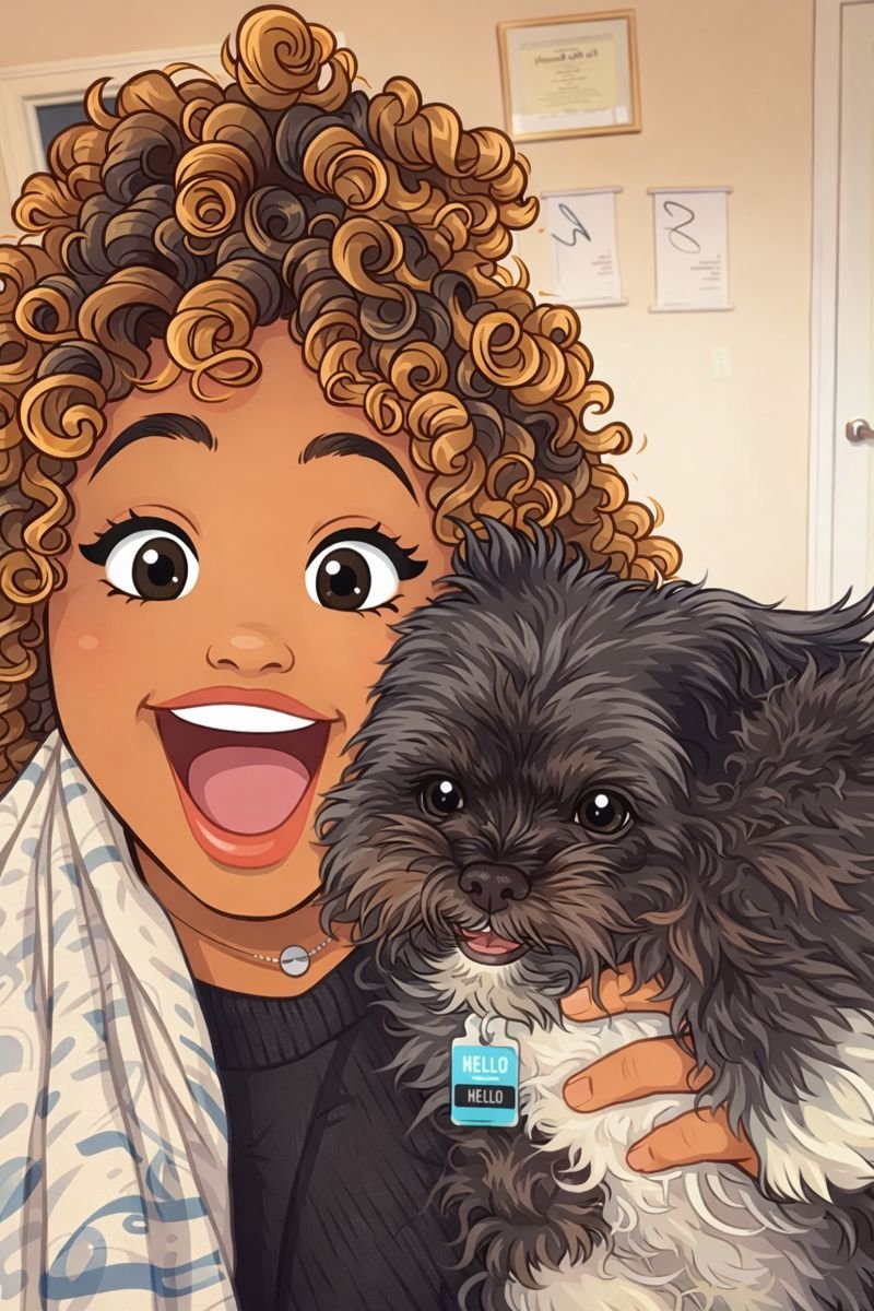 Illustrated portrait of Gabrie’le Eato and her dog Win
