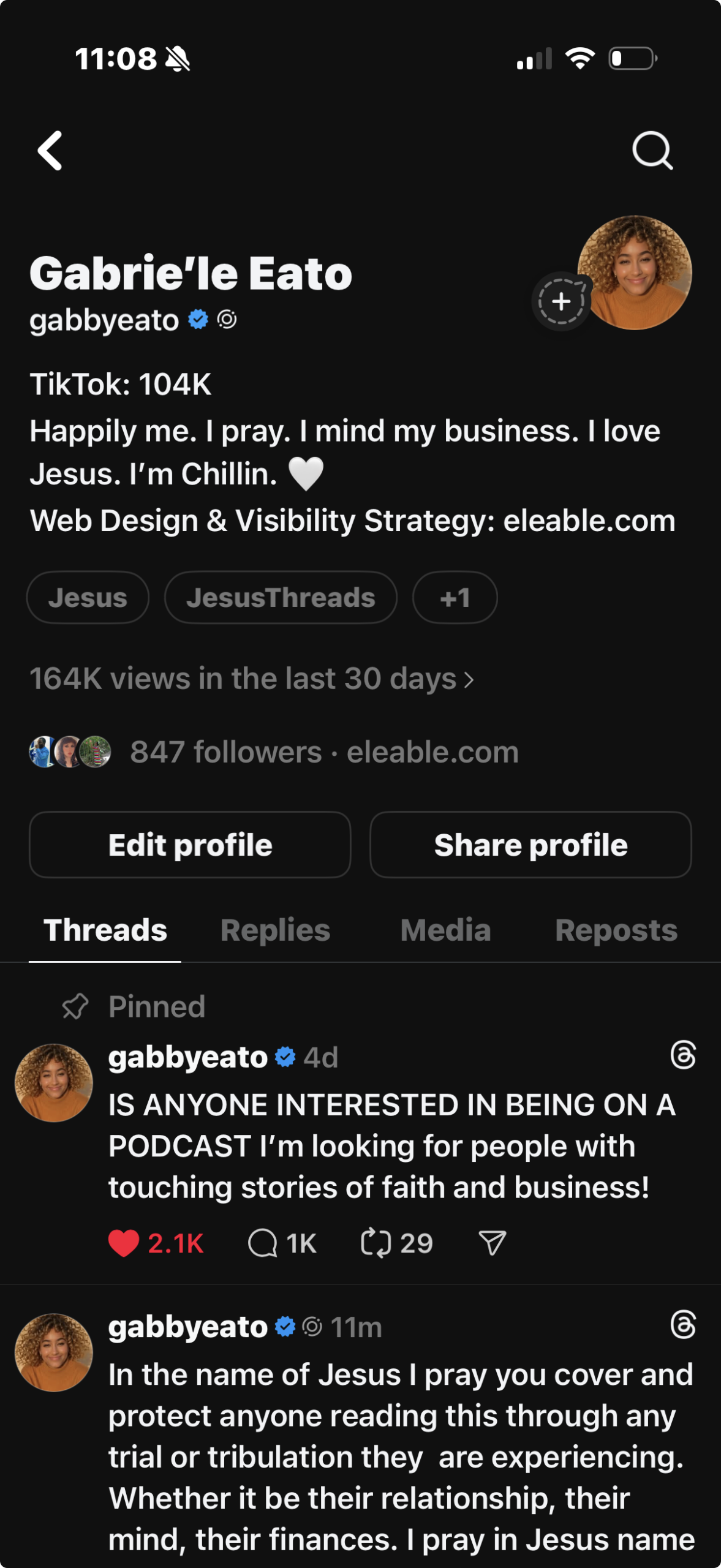 Threads profile preview for Gabrie'le Eato