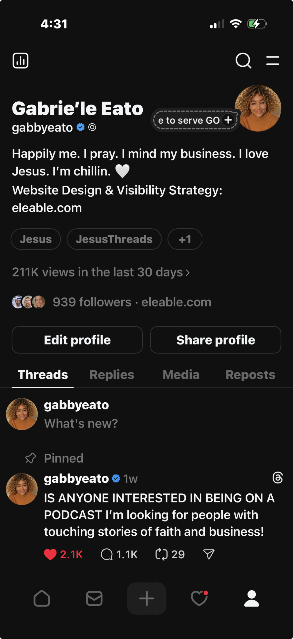 Threads profile preview for Gabrie'le Eato