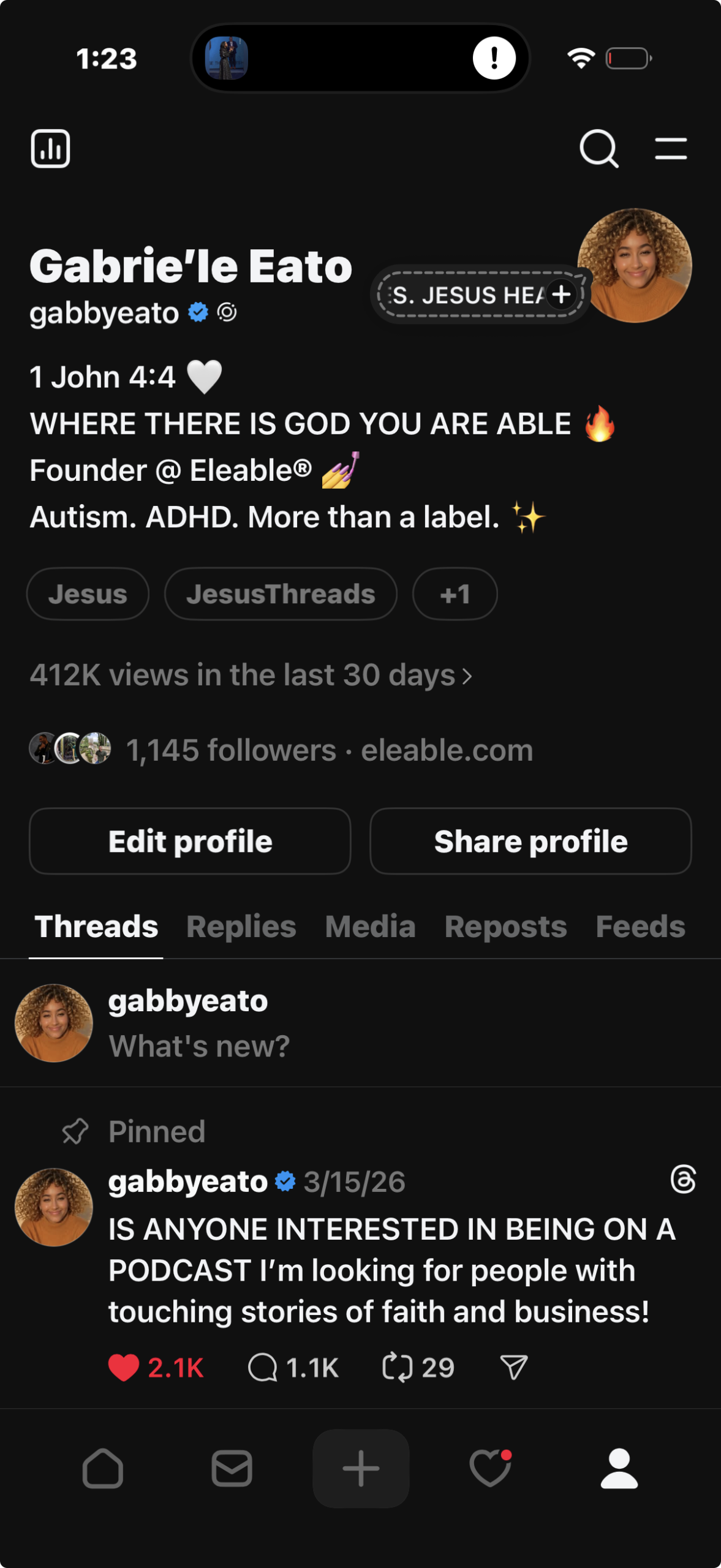 Threads profile preview for Gabrie'le Eato