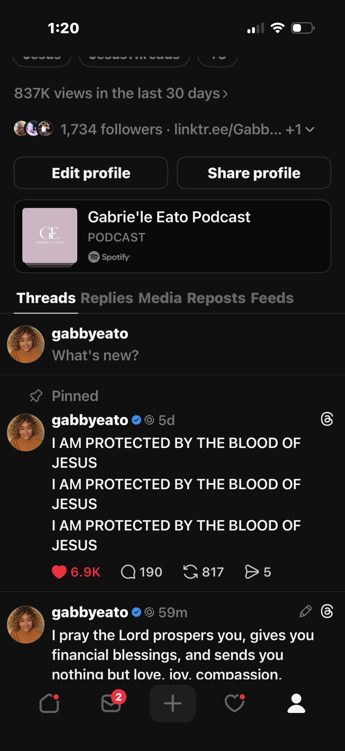 Gabrie'le Eato posting inspirational and faith-centered content on Threads for her online community.
