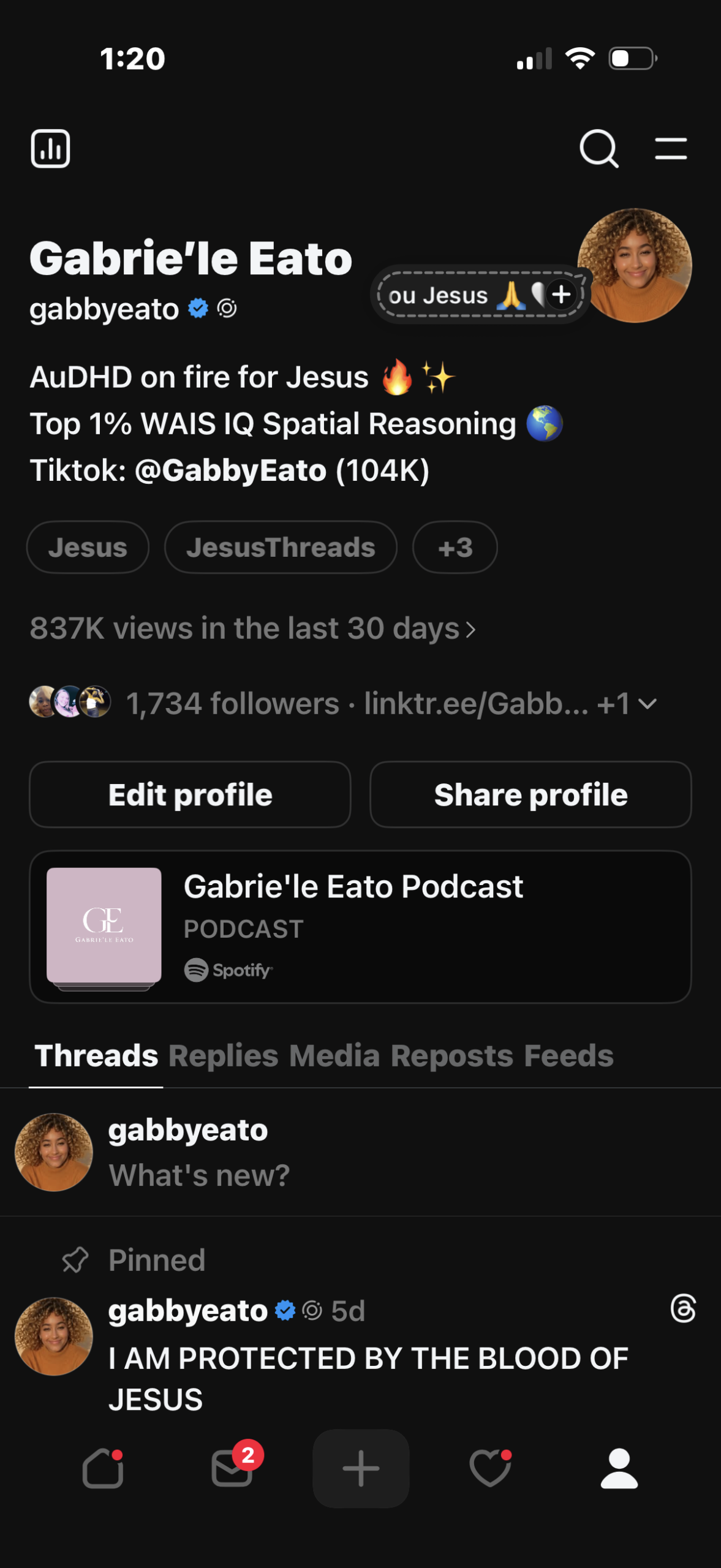 Gabrie'le Eato on Threads sharing encouragement, faith-based messages, and neurodiversity advocacy content.