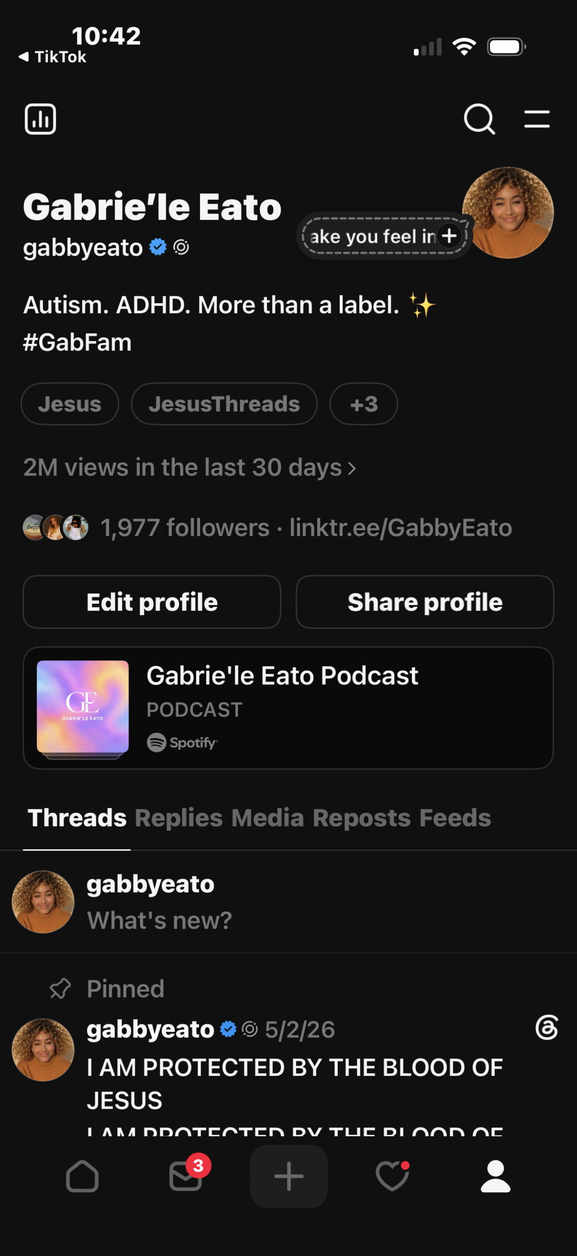 Gabrie'le Eato on Threads sharing encouragement, faith-based messages, and neurodiversity advocacy content.