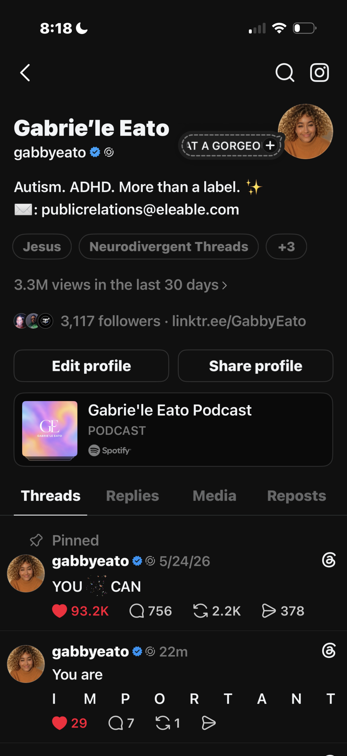 Gabrie'le Eato on Threads sharing encouragement, faith-based messages, and neurodiversity advocacy content.